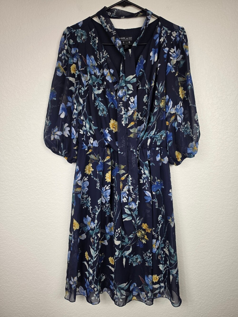 Kate and Lily Petite Floral Print Dress Size 8P Navy Blue